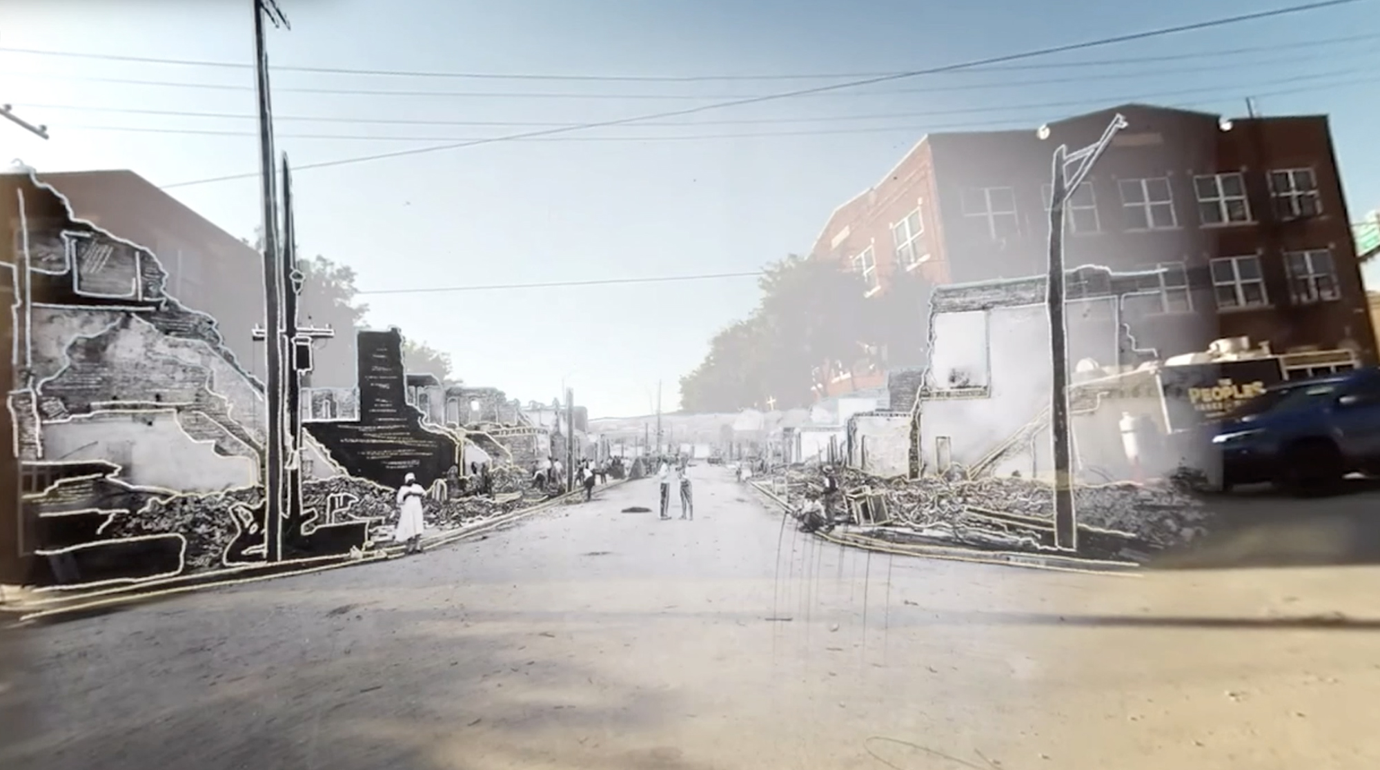 Red Summers VR: Tulsa 1921, Corner of Archer Ave. Greenwood District, Tulsa OK 1921/2021, Bayeté Ross Smith. Archival image is courtesy of the Library of Congress.